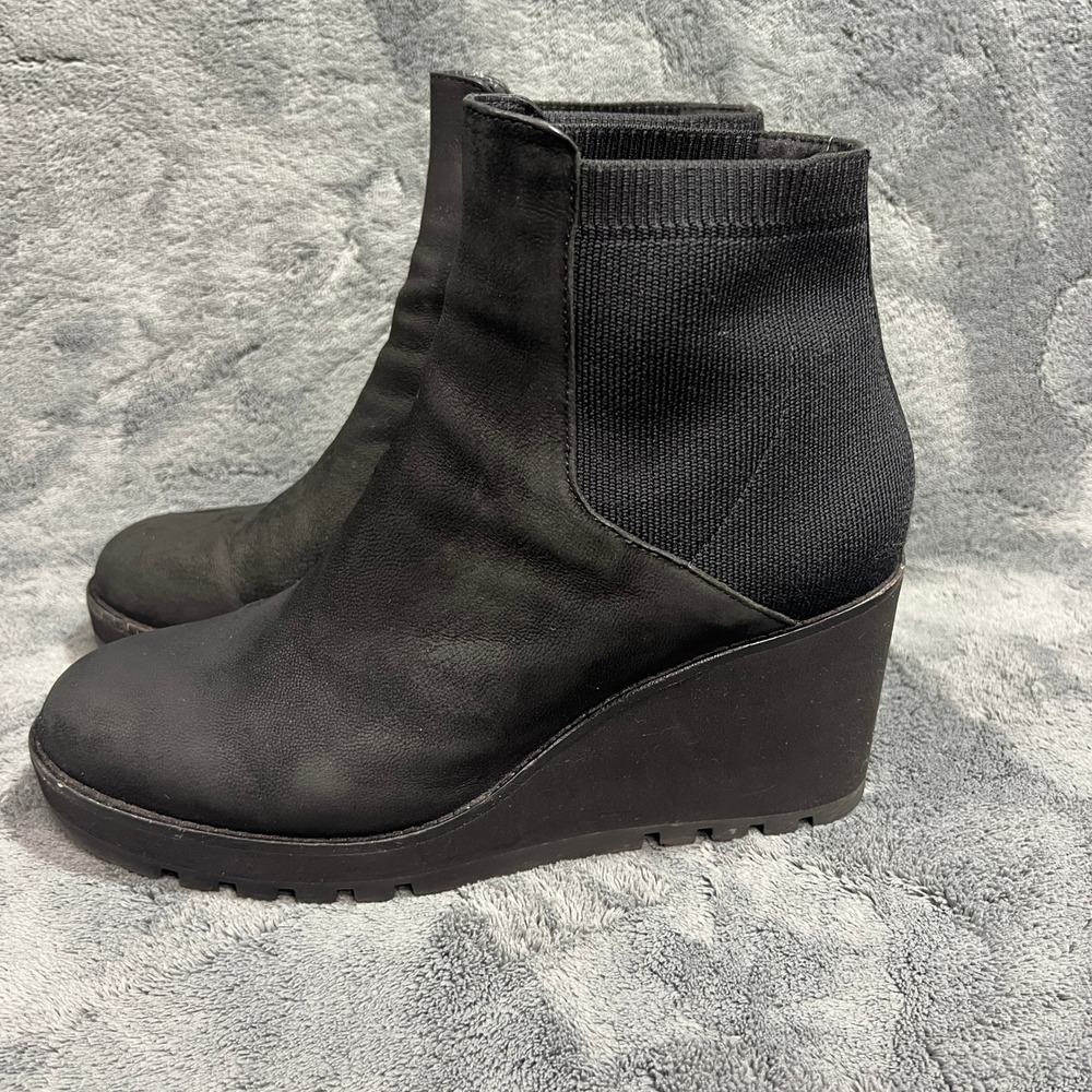 Eileen Fisher Black Leather Wedge Ankle Boots Stretch Knit Lug Sole 8.5 - Picture 2 of 12